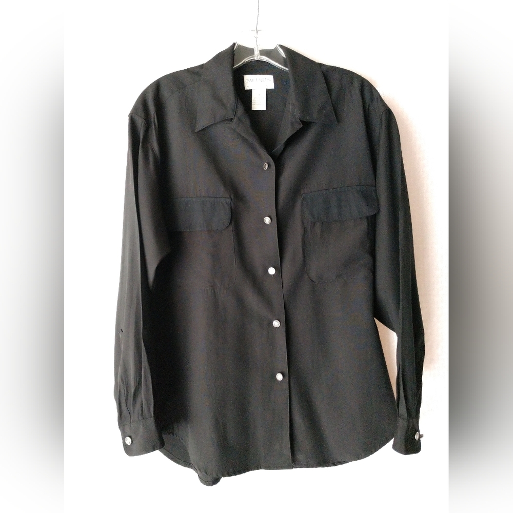 Partners Black Blouse Shirt Button Up Long Sleeve Oversized Size Small Chest 40"